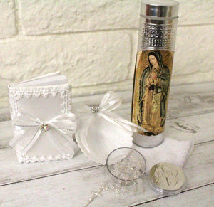 Silver Guadalupe 5pc Baptism Candle Set Favors Girl Boy