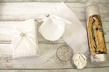 Load image into Gallery viewer, Silver Guadalupe 5pc Baptism Candle Set Favors Girl Boy