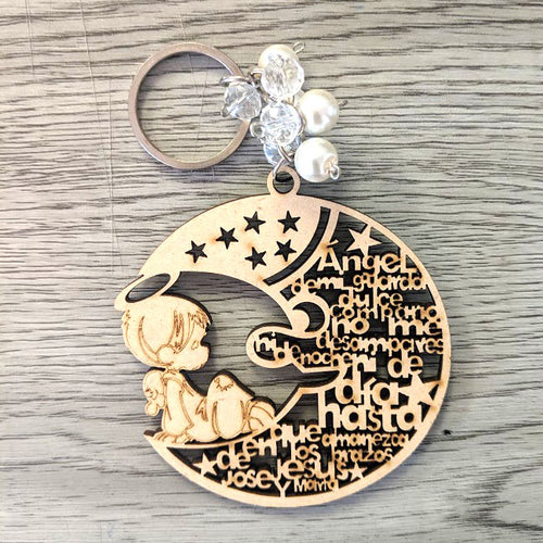 12 Moon Angel Boy Wood Keychain