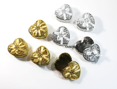 12 Heart Shape Rhinestone Bow Gold or Silver Trinket Box