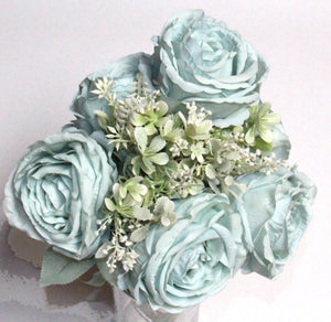 Light Mint 6 Head Silk Rose Open Cabbage