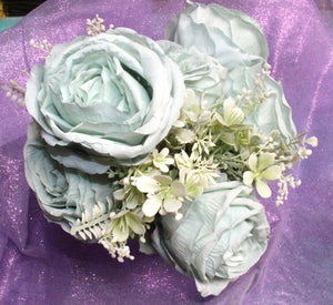 Light Mint 6 Head Silk Rose Open Cabbage